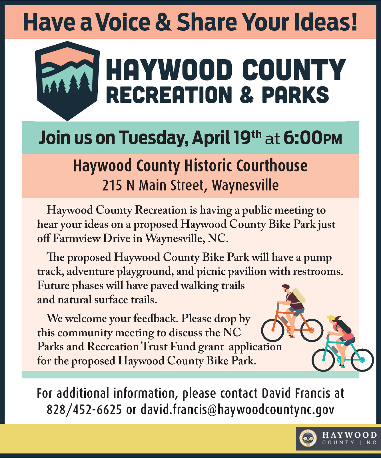 Public Meeting to provide input on proposed Haywood County Bike Park, April 19, 2022, 6 pm